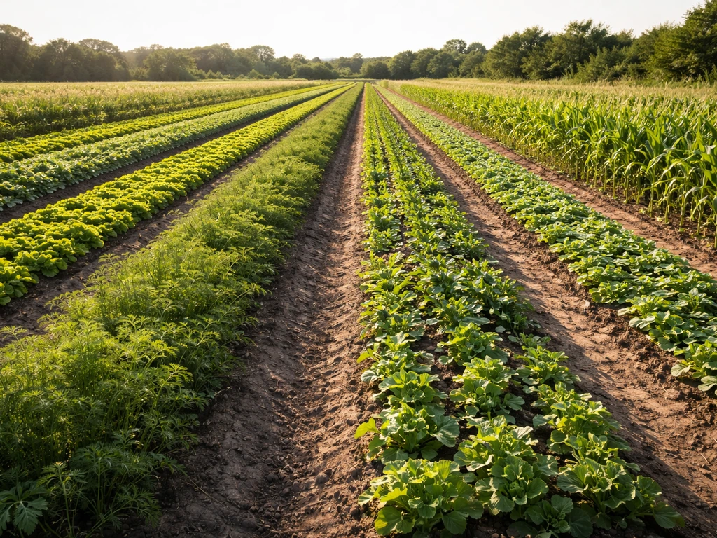 Sunlit farm field with healthy crops in neat rows, varied plants thriving in natural light.