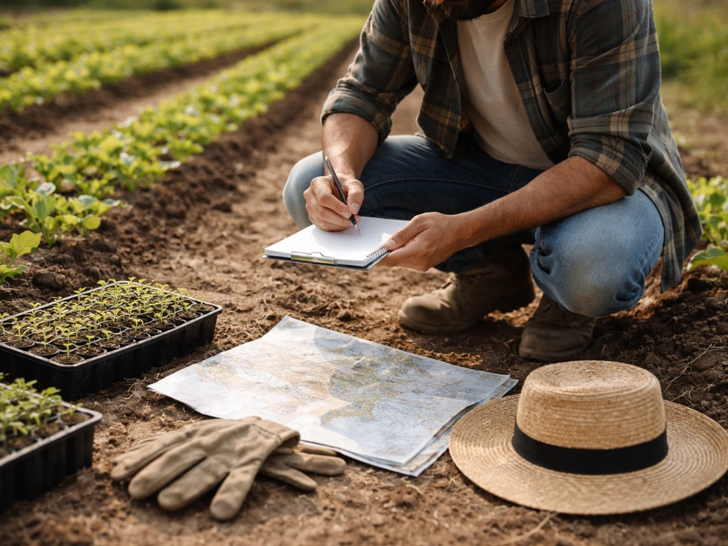 Farmer kneeling in a small field studies a simple planting plan and notes laid on a field map.
