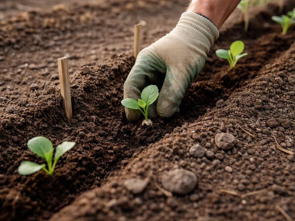 Close-up gardener hand placing small transplants into soil furrows beside spacing markers