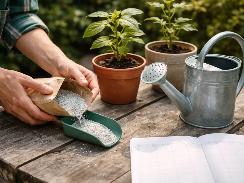 Gardener’s hands measuring granular fertilizer beside potted plants and a simple garden calendar.
