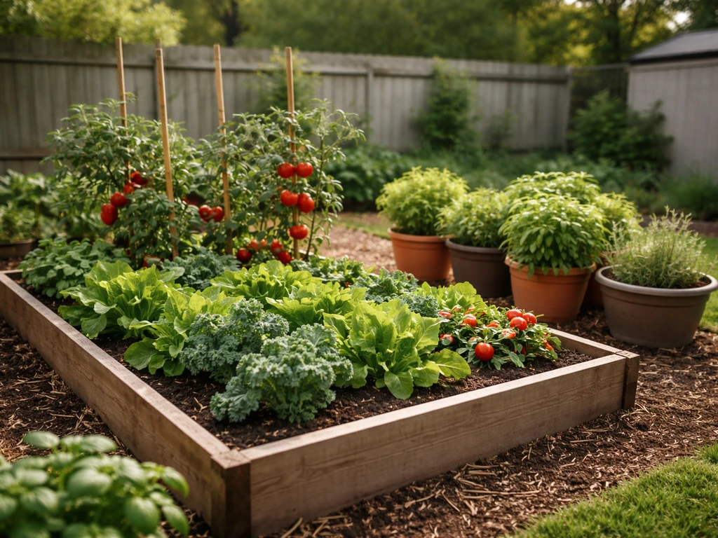 Backyard raised beds and containers filled with leafy greens, herbs, and ripe tomatoes and peppers