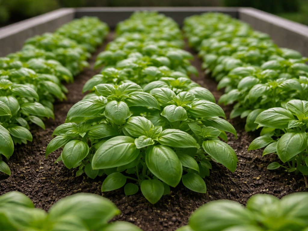 Close-up of lush basil plants growing in neat rows inside a raised garden bed