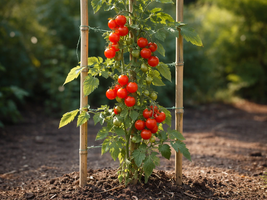 Red cherry tomatoes on a vertically staked vine against a simple garden trellis