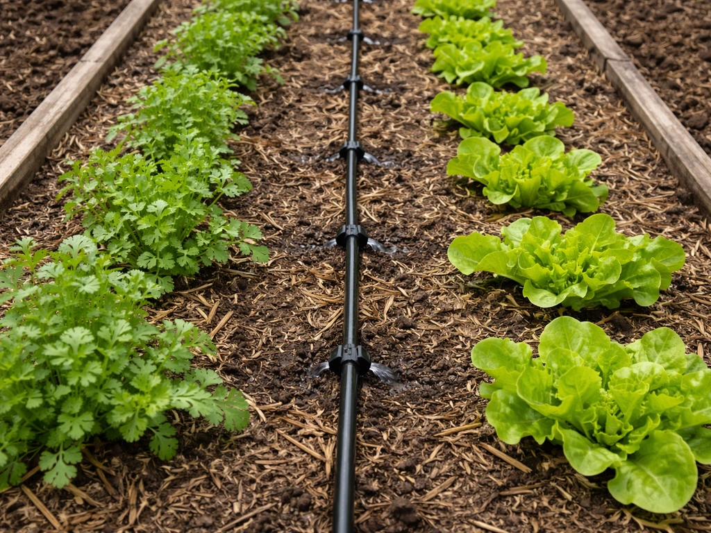 Angled view of drip irrigation lines with emitters aligned through a garden bed with healthy leafy plants.