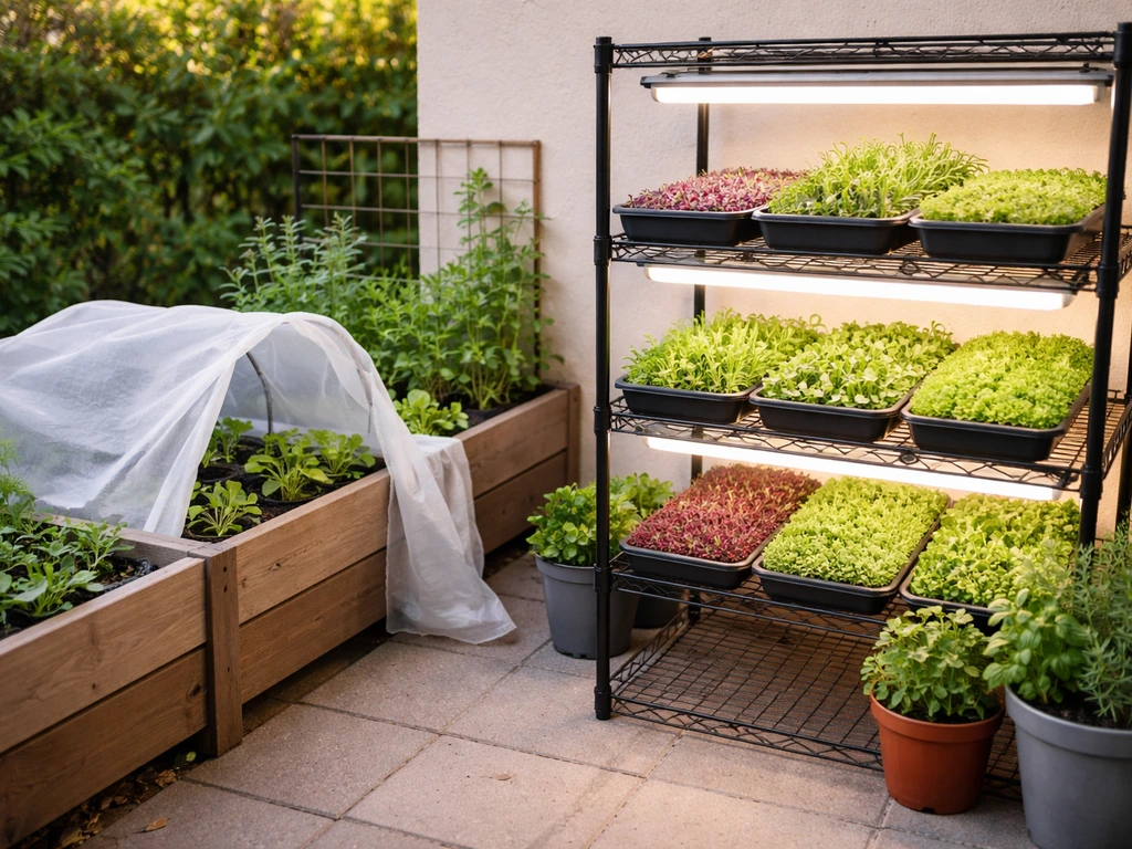 Small backyard garden with raised beds, trellis, and wire shelf microgreens under grow lights.