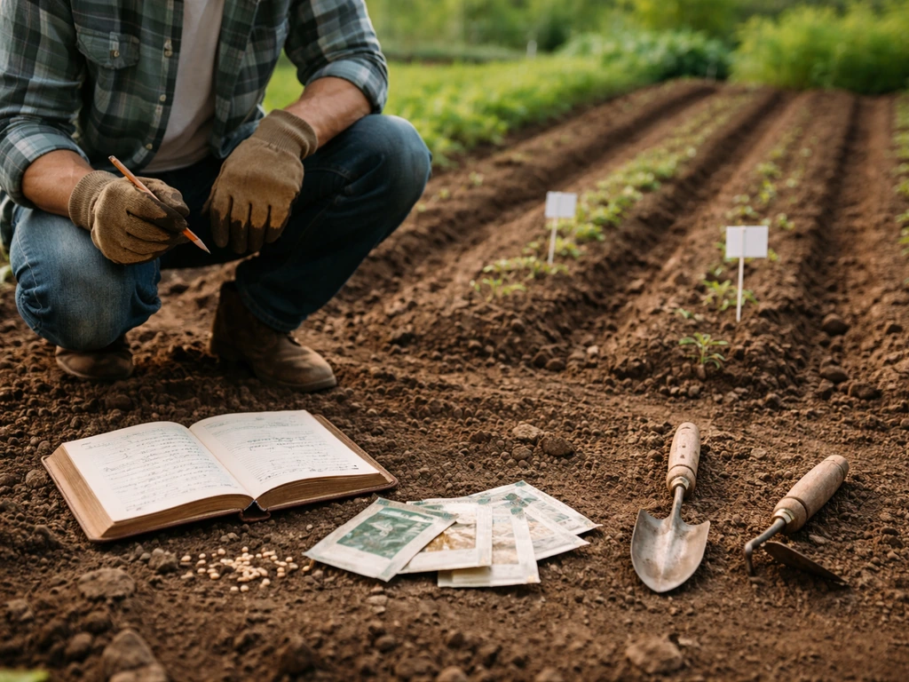 Farmer at a simple field edge reviews seed packets and a cash ledger beside crop rows ready for planting