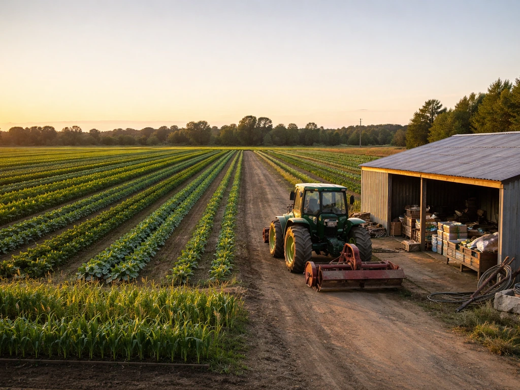 Wide farm field with alternating crop rows and nearby machinery and input storage suggesting limited resources
