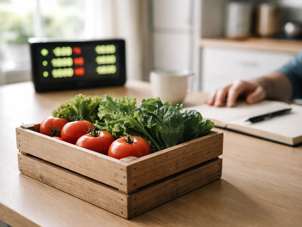 Fresh vegetable crate in front of a blurred digital price screen suggesting market price risk.