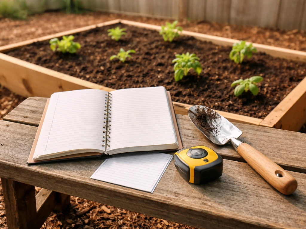 Notebook and measuring tools beside a small garden bed, symbolizing home crop cost–benefit math.
