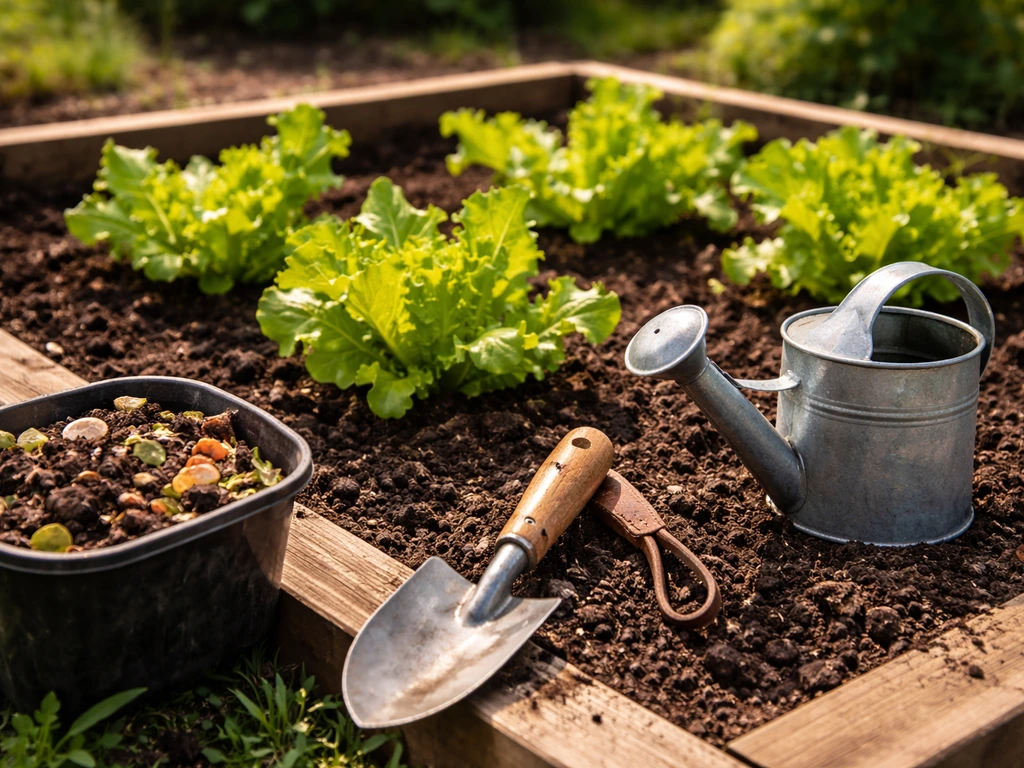 Fresh lettuce growing in a small raised bed with soil, compost, and simple gardening tools nearby.