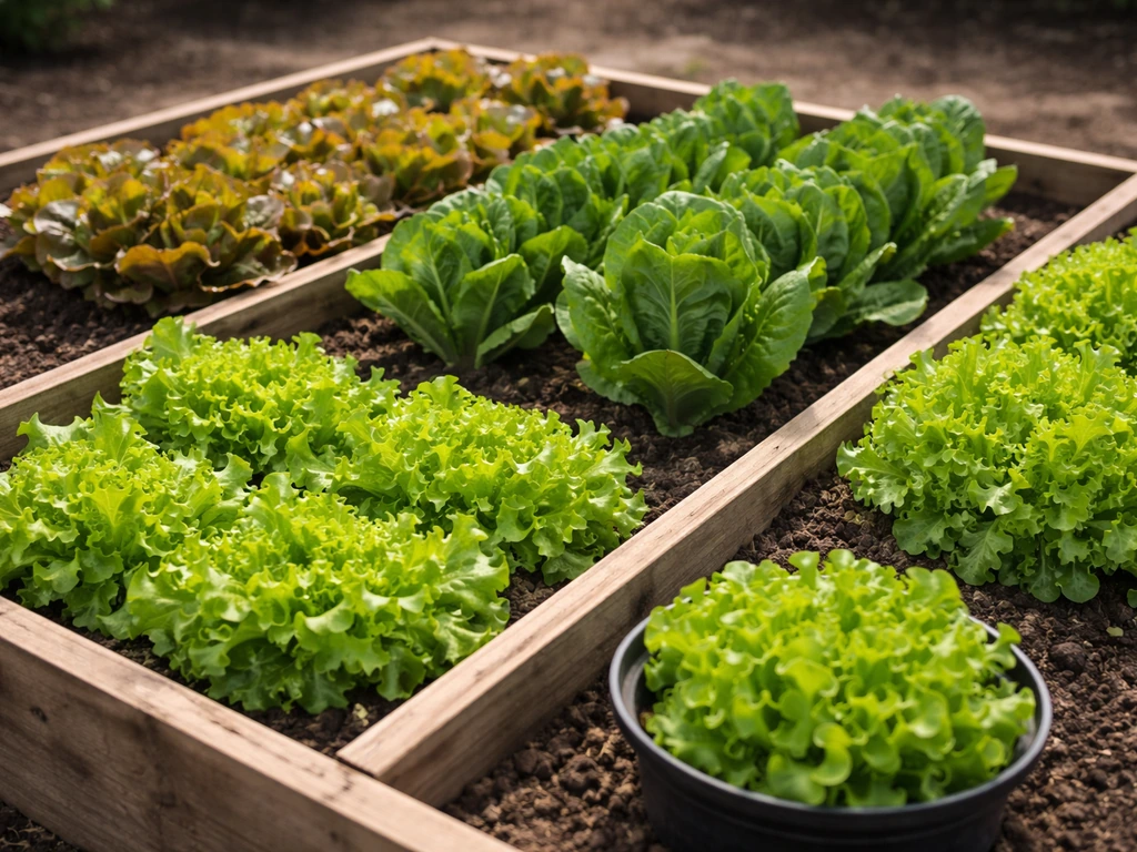 Assorted lettuce varieties growing in simple raised beds with loose-leaf and dark bronze greens.