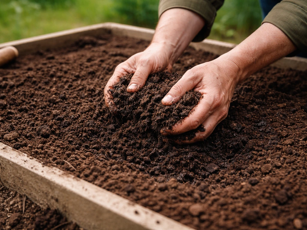 Gardener’s hands mixing compost into topsoil in a small garden bed for planting lettuce.