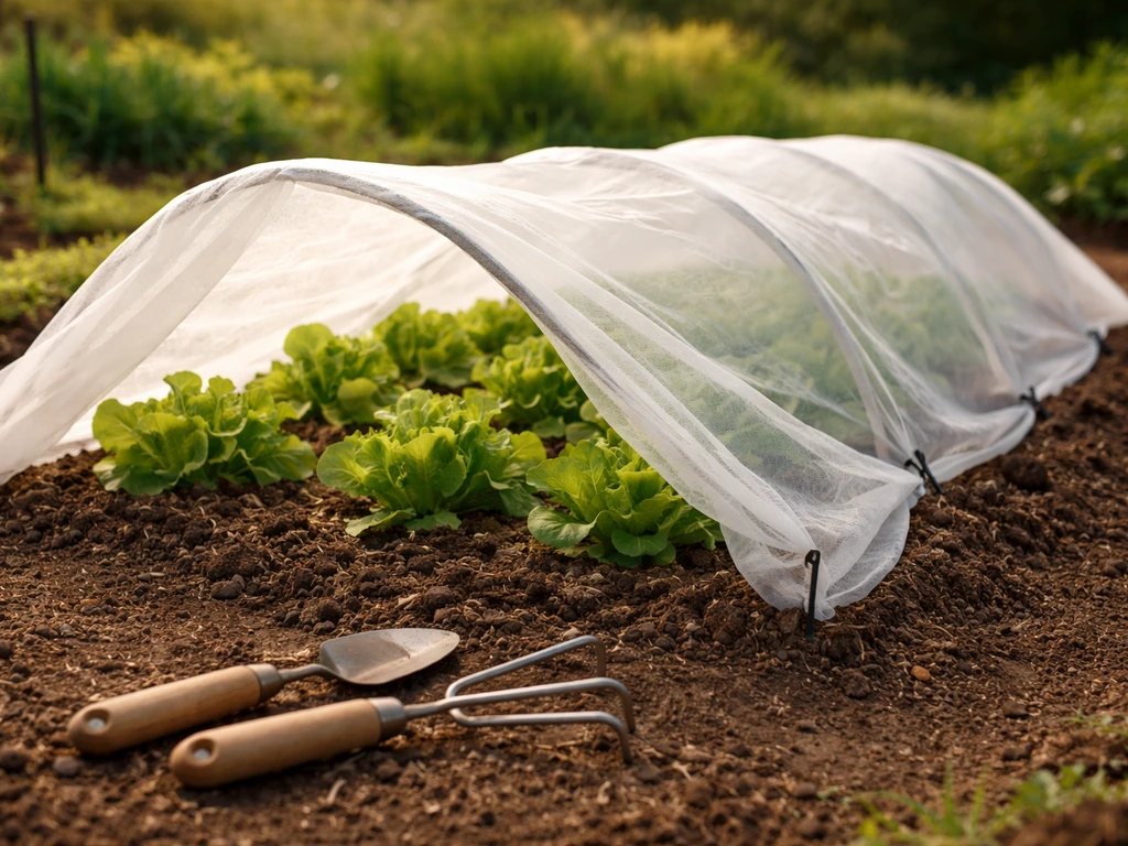 Floating row cover draped over lettuce in a clean garden bed, secured with anchors and clear airflow spacing.