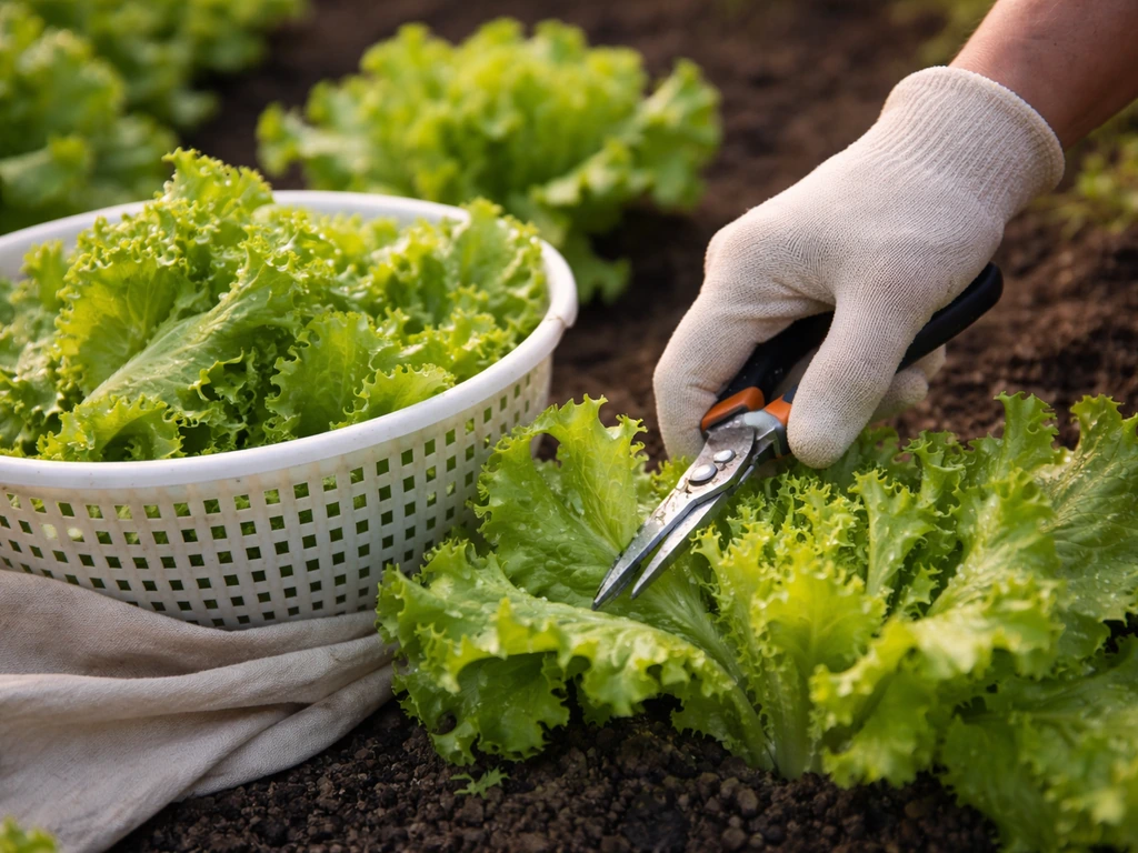 Morning harvest of crisp loose-leaf lettuce being cut, with a perforated container holding leaves nearby.