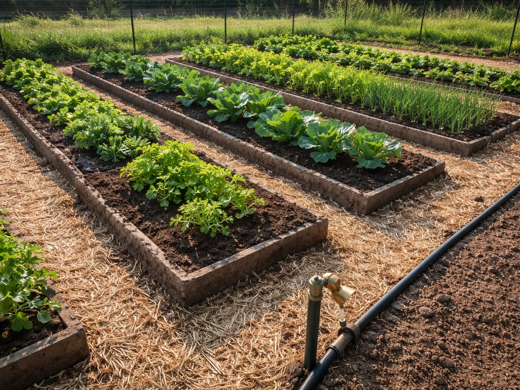 Broad view of raised vegetable beds with workable soil and accessible irrigation in bright sunlight