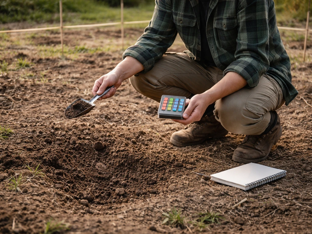 Home gardener kneeling with soil scoop and small notebook near marked garden area, checking drainage and grade