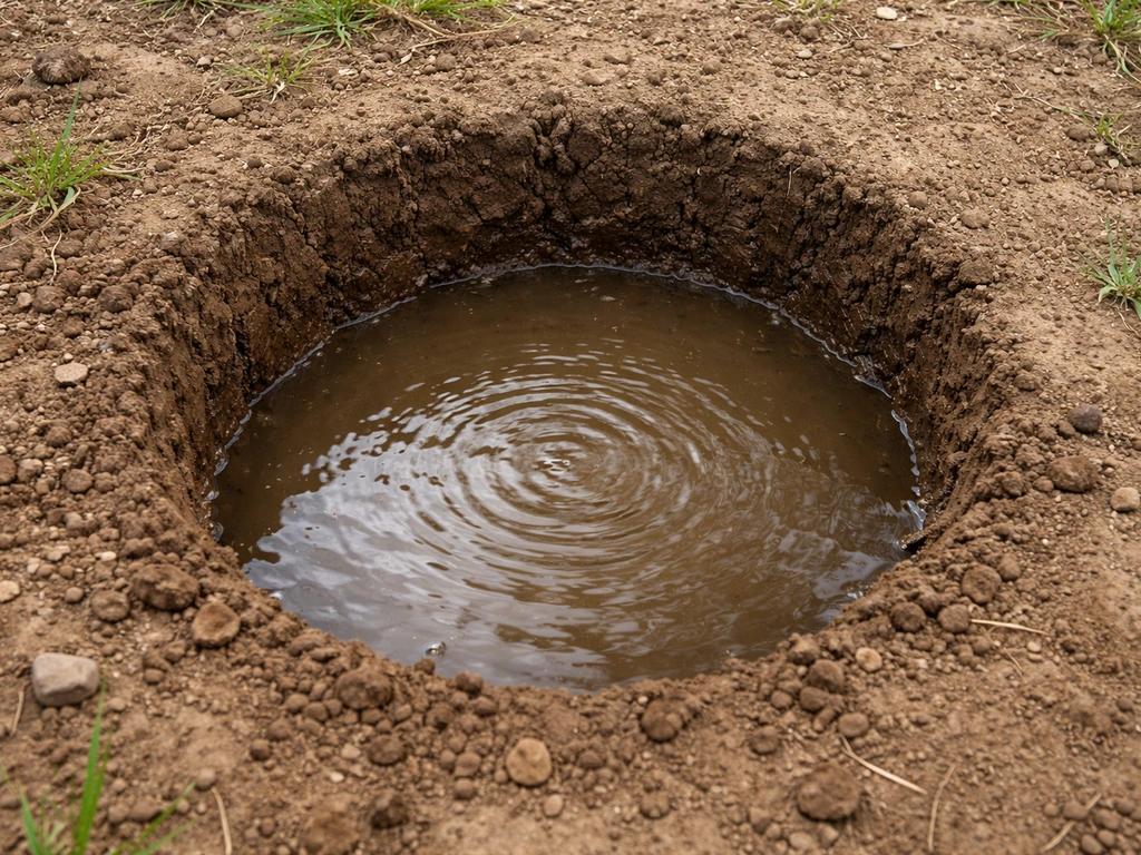 Water standing in a recently dug 12-inch test hole in soil, beginning to drain into the ground.