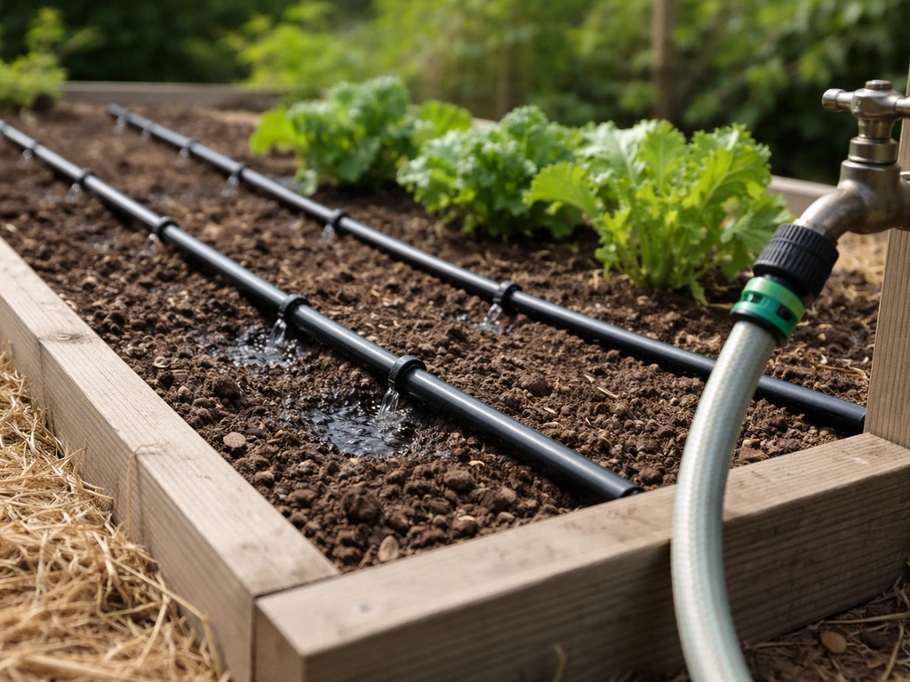 Drip irrigation line with emitters laid along a raised garden bed, mulch nearby, moist soil.