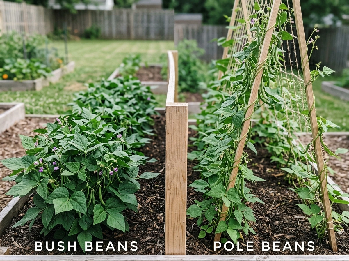 Bush beans and pole beans side-by-side showing compact vs climbing growth habit.