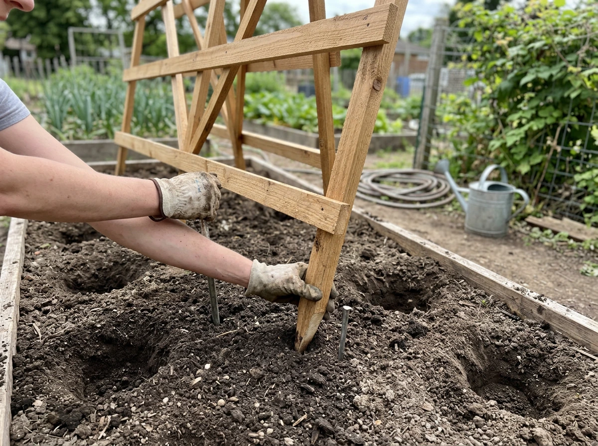 Trellis posts being anchored into the ground just before sowing pole beans.