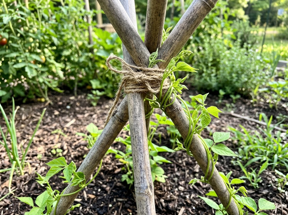 Teepee trellis made of lashed poles with young pole bean vines beginning to climb.