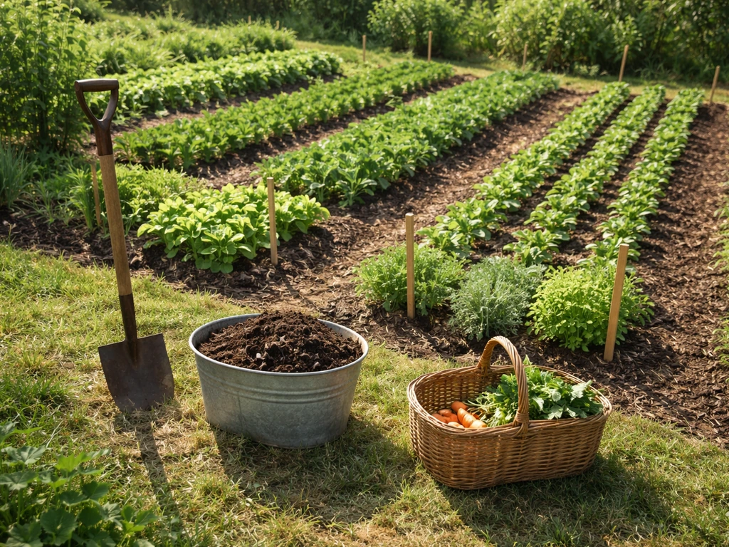 Sunlit home garden with neat rows, soil and compost in foreground, and a harvest basket beside labeled beds.
