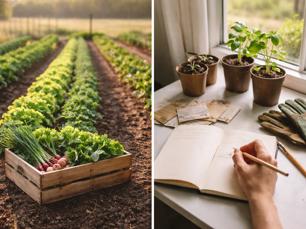 Split scene showing farm produce rows and a home gardener writing a seed plan