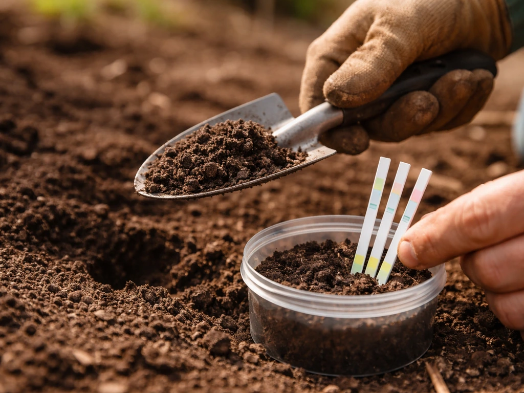 Close-up of a gardener taking a soil sample and using soil test pH strips in a simple kit.
