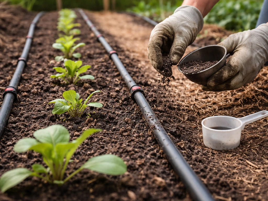 Gardener’s gloved hands sprinkling compost beside drip irrigation tubing in a small vegetable bed.
