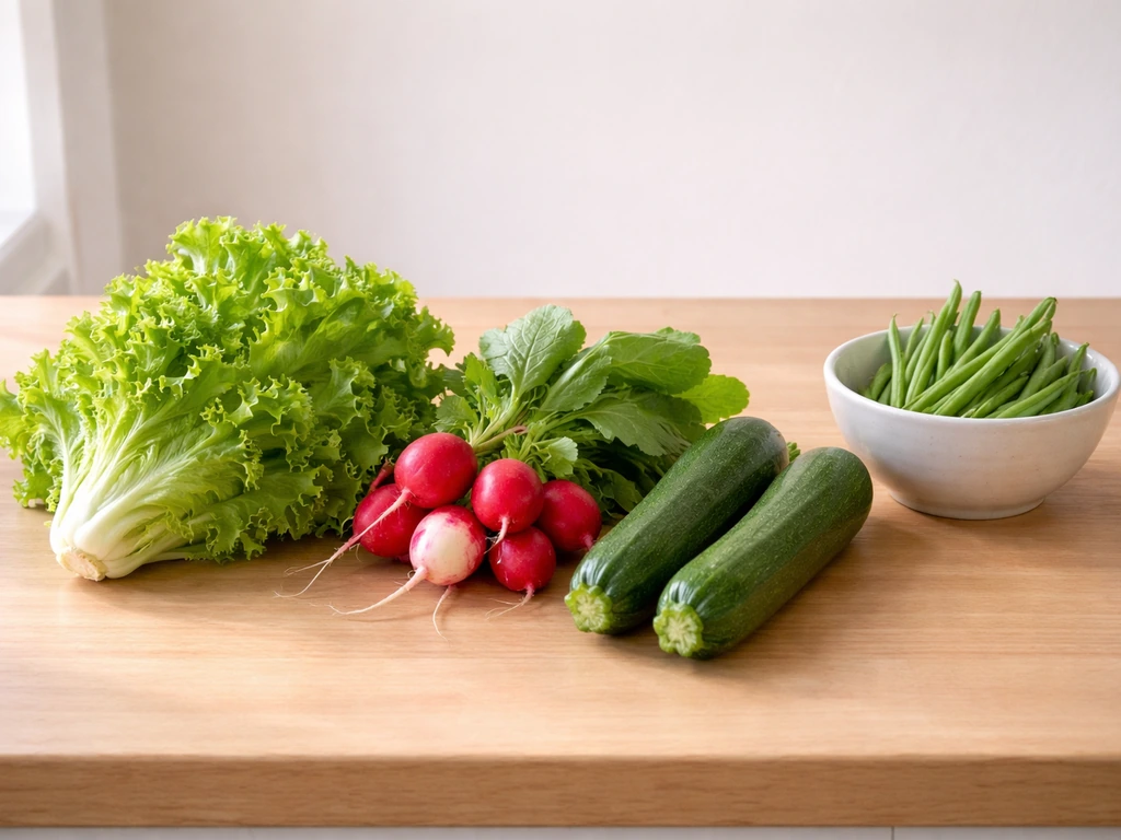 Fresh beginner-friendly vegetable assortment: lettuce, radishes, zucchini, and beans on a simple kitchen counter.