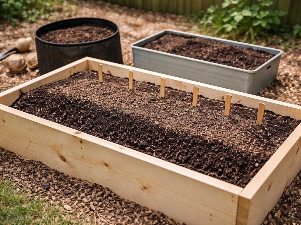 Raised bed and two planting containers showing layered soil and compost mixes in a simple garden setup.
