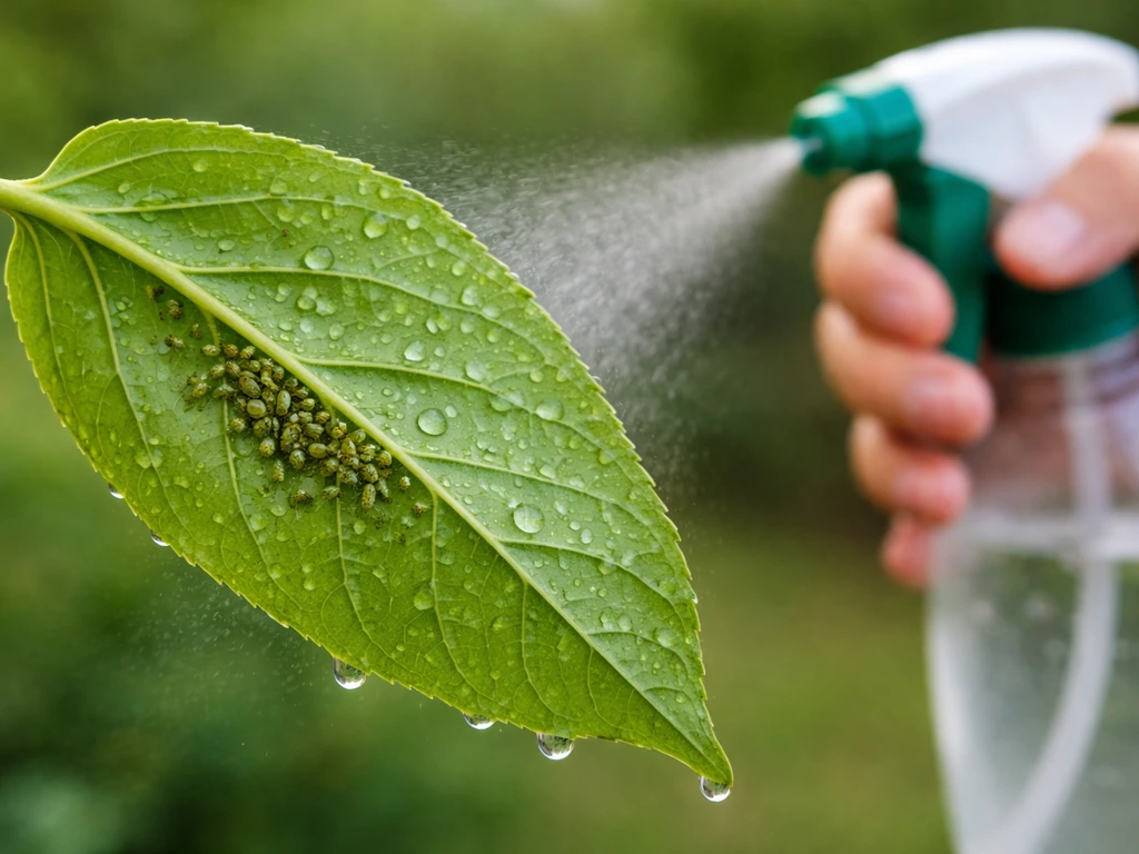 Green aphids clustered on a leaf while a gardener gently sprays soapy water to rinse them off