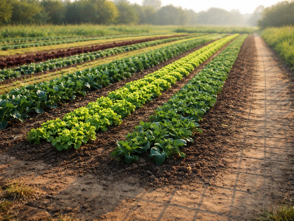 Sunlit farm field with neat rows of vegetables, subtle crossword-like grid shadow motif on the soil.