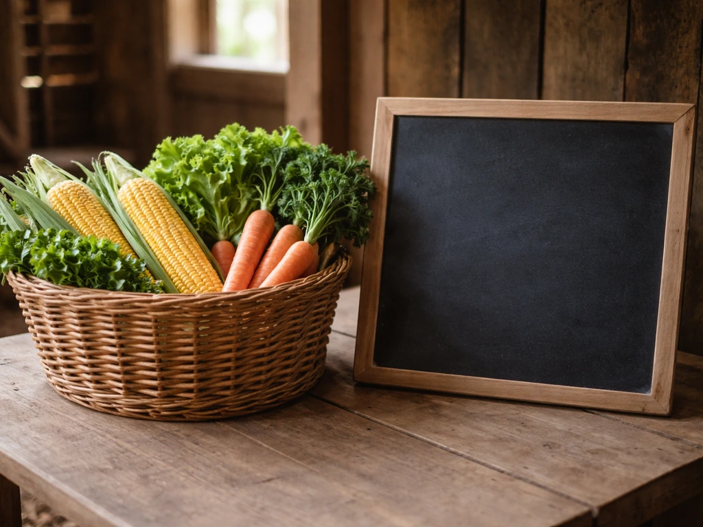 Minimal photo showing farm crops in a basket with a chalkboard slate, suggesting common crossword answers