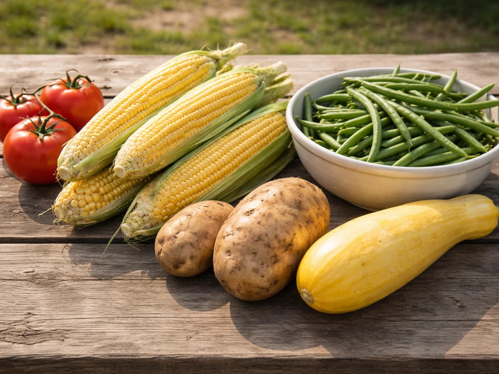 Fresh tomatoes, corn, beans, potatoes, and squash arranged on a simple wooden farm table