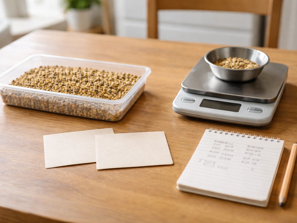 Simple home farm feed setup with labeled tray showing supplement vs replace and daily pounds per hen.
