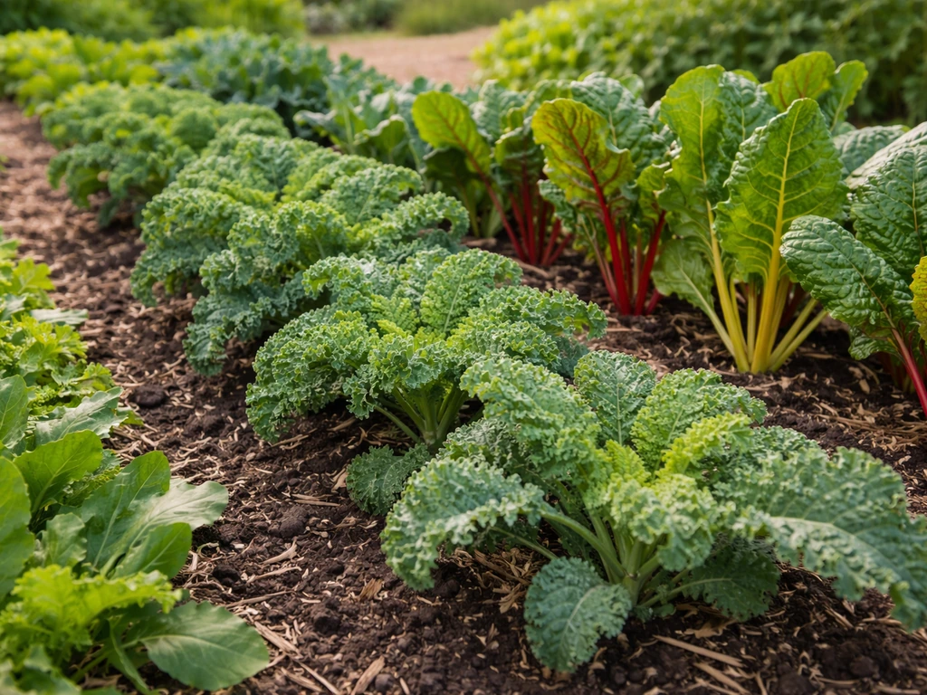 Rows of leafy kale and other greens growing in a small garden bed with bright green harvest-ready foliage.