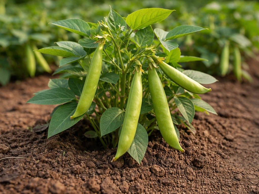 Close-up of cowpea plants with green pods growing in soil, sunlight highlighting the legumes.