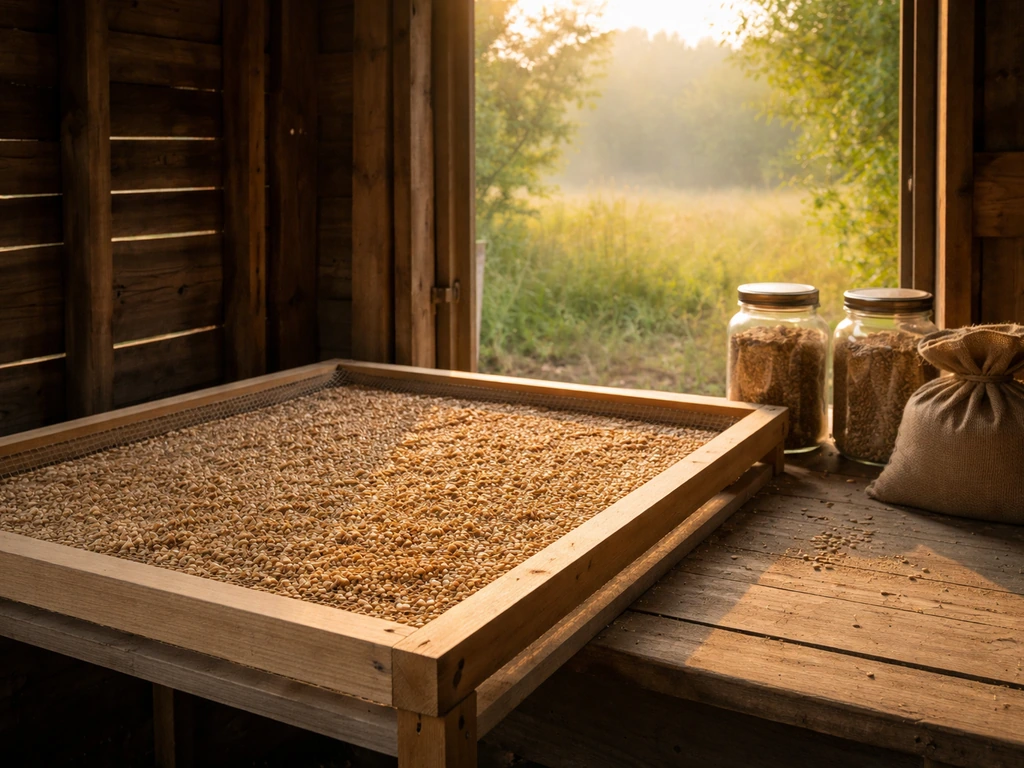 Grain and seeds drying on a rack inside a shed beside sealed glass jars for safe storage.