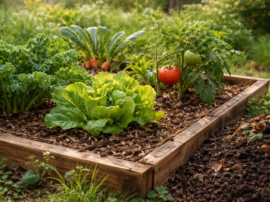 Lush organic vegetable bed with healthy greens, dark soil, mulch, and nearby compost, natural light.