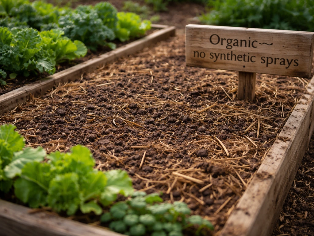 Close-up of an organic garden bed with compost and mulch, healthy soil, and a bed sign.