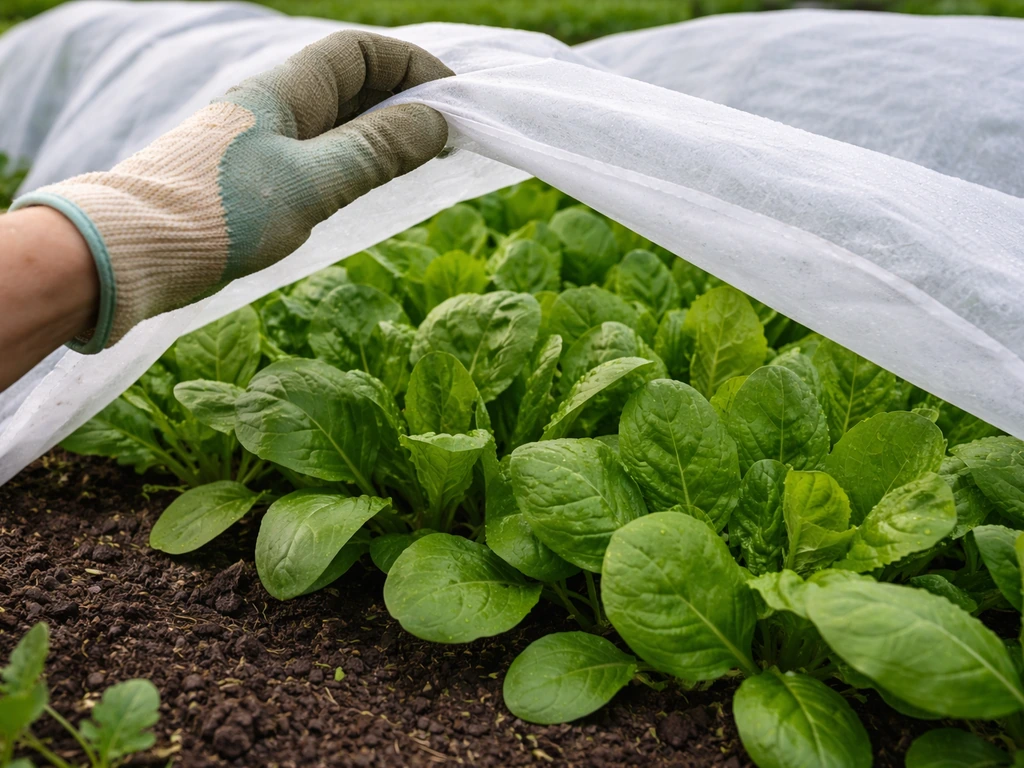 Gloved hand lifting row cover over leafy greens to inspect for pests in a small garden bed.