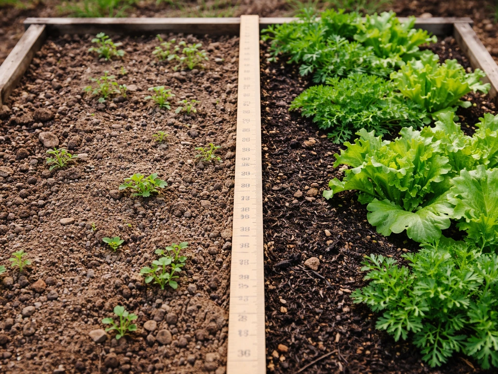 Home garden bed split into less lush Year 1 soil and more vigorous Years 2–3 growth, shown side-by-side.