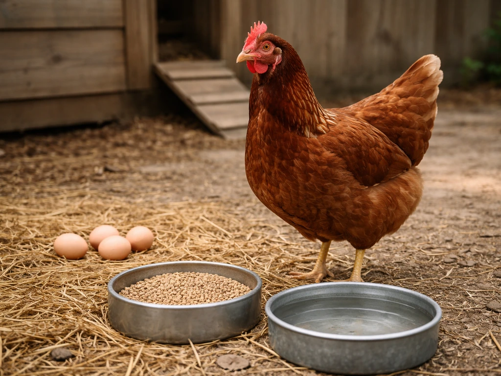 Backyard hen near a clean coop feeding area with a few eggs visible on the ground