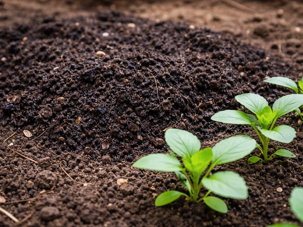 Close-up of dark compost on soil with healthy leafy greens growing in the foreground.