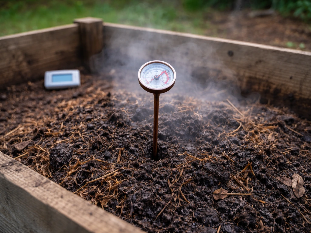 Compost thermometer in a hot compost pile with subtle timer cue in the background, suggesting safe composting.