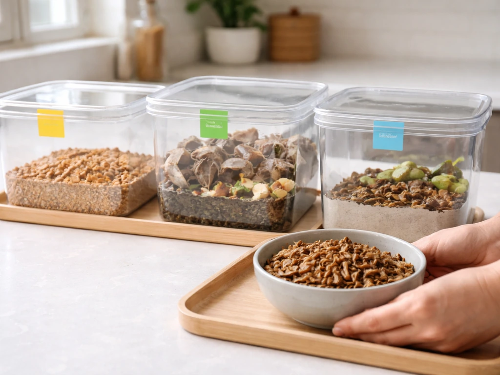 Bright kitchen countertop with lidded mealworm, cricket, and BSFL containers and a small bowl of roasted insects.