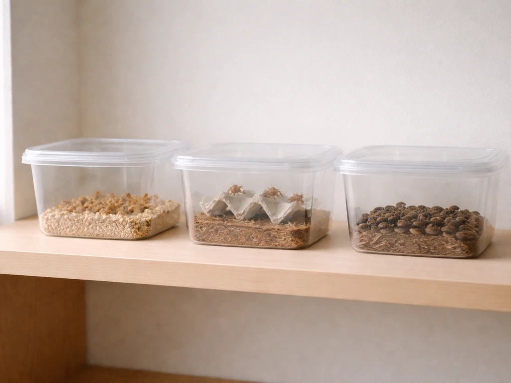 Three small clear containers with beginner insect options on a simple shelf, showing mealworms, crickets, and black sold