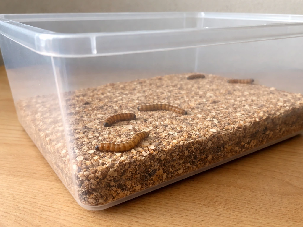 Close-up of a clear smooth plastic mealworm bin with substrate, frass, and a few mealworms