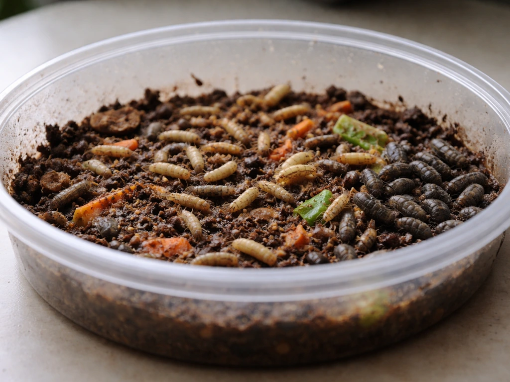 Circular container with moist substrate and migrating black soldier fly larvae/prepupae for a test batch setup